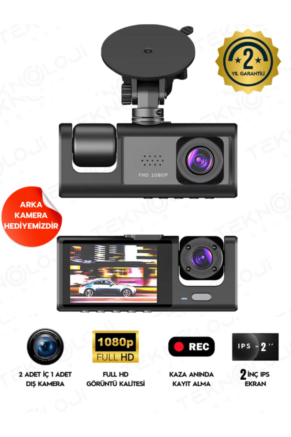 Full HD 1080p 3 Kameralı Dash Cam Ön Arka İç Kayıt Özellikli Gece Görüşlü G Sensörlü