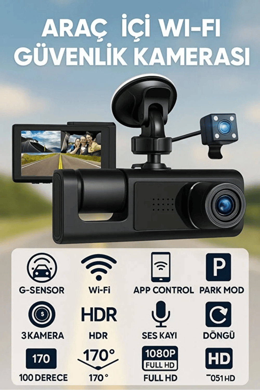 Full HD 3 Kameralı Araç Kamerası Ön İç Arka Kayıt ve Gece Görüşlü G Sensörlü Geniş Açılı