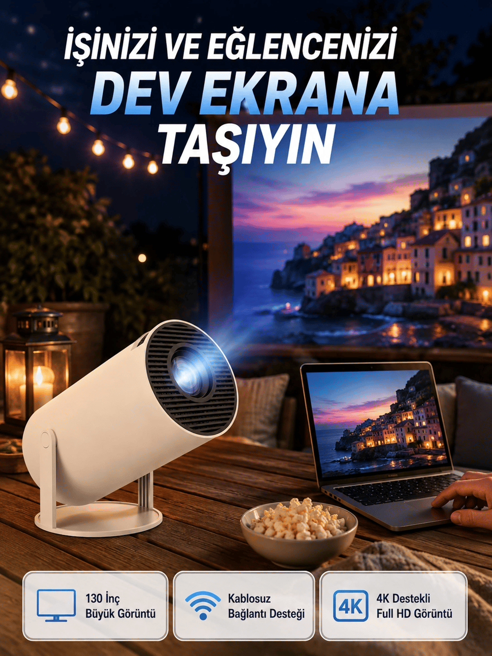 Full HD 4K Destekli Akıllı Projeksiyon – 130 inç Ekran, Uzun Ömürlü Ampul ve Çoklu Giriş