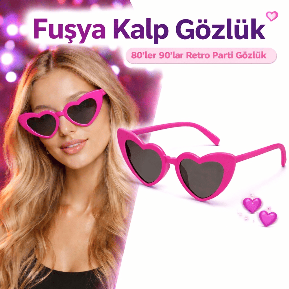 Pembe Retro Kalp Gözlük – 80’ler 90’lar Stil Parti Gözlüğü