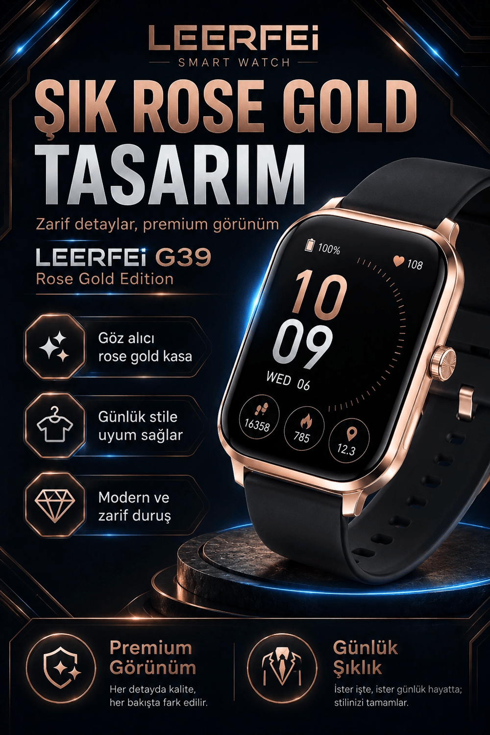 G39 Model Kablosuz Şarjlı Akıllı Saat Rose Gold Renk Bildirim Ve Arama Destekli