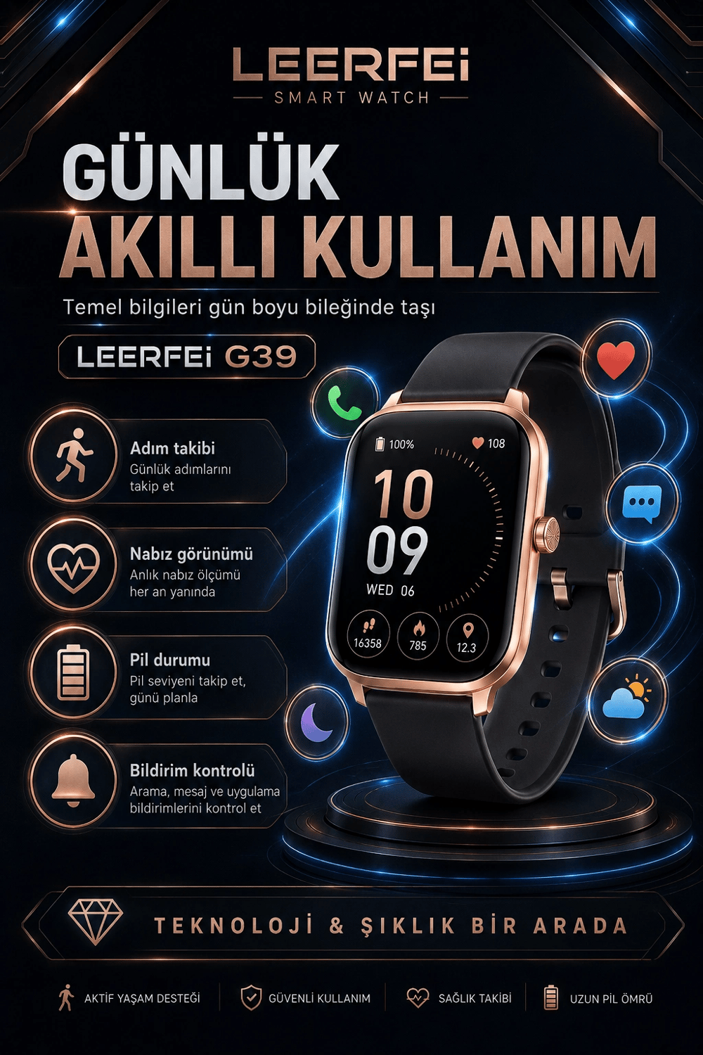 G39 Model Kablosuz Şarjlı Akıllı Saat Rose Gold Renk Bildirim Ve Arama Destekli