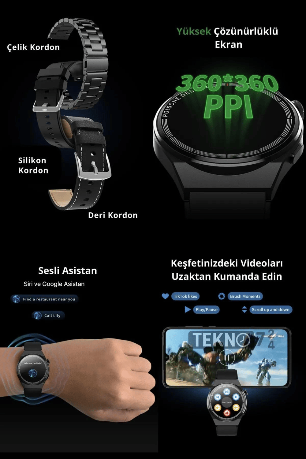 GPS ve NFC Özellikli Renkli Ekranlı Akıllı Saat, Siyah Silikon Kordonlu, Sesli Görüşme Destekli