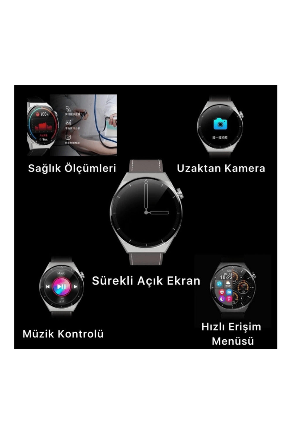 GPS ve Suya Dayanıklı Akıllı Saat, Nabız ve Uyku Takibi Özellikli, Siyah Silikon Kordonlu
