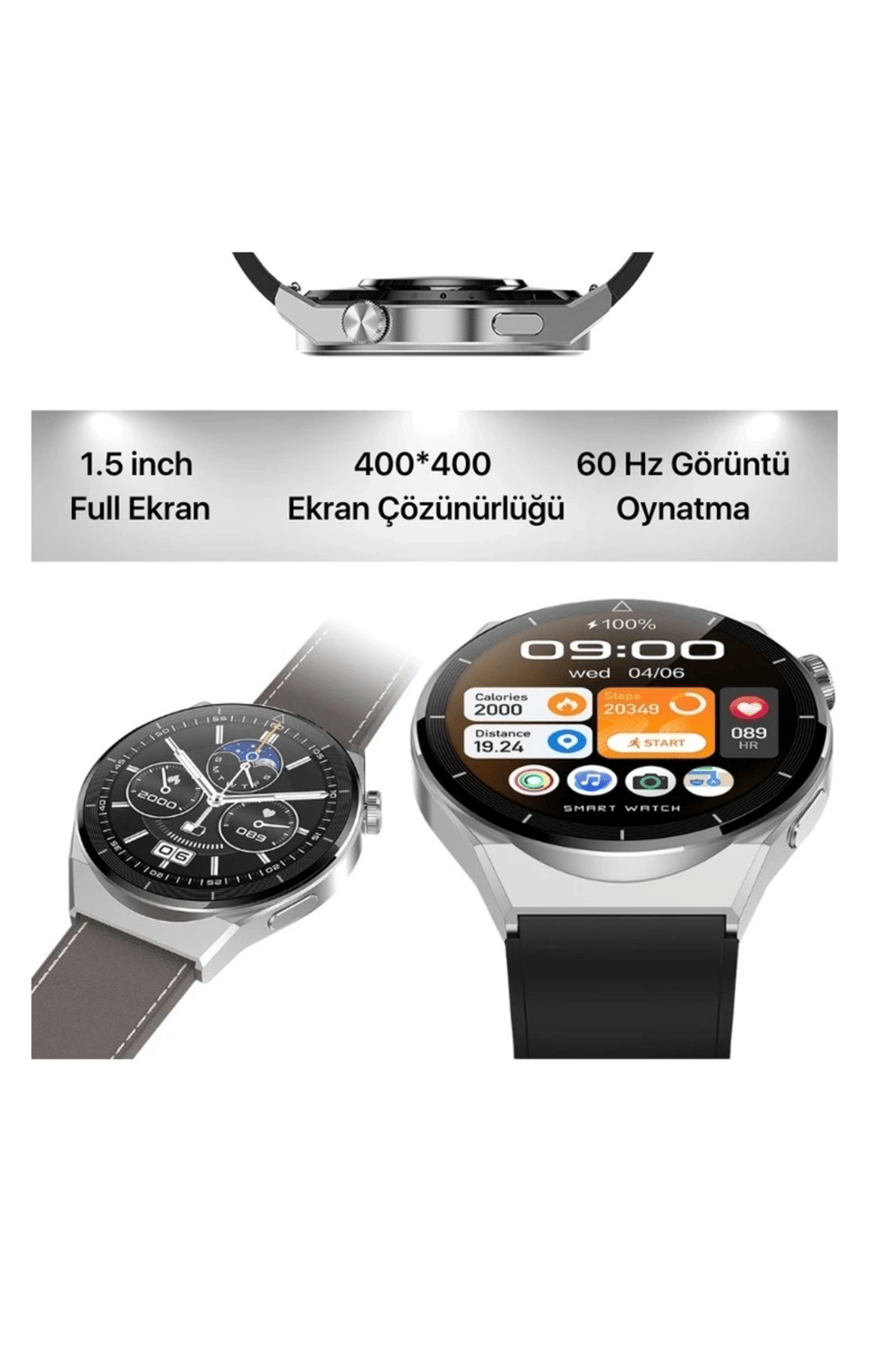 GPS ve Suya Dayanıklı Akıllı Saat, Nabız ve Uyku Takibi Özellikli, Siyah Silikon Kordonlu