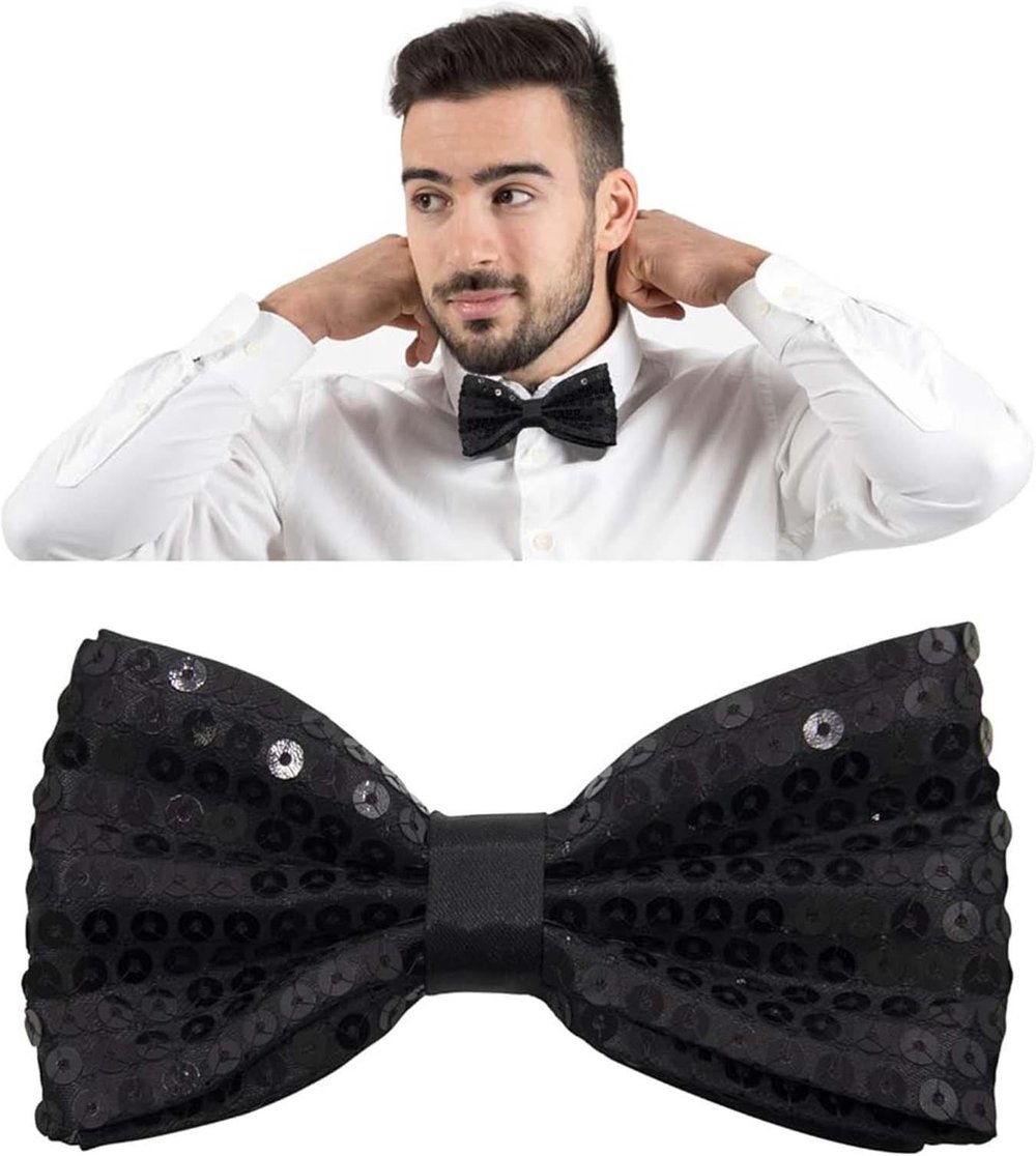 Gece Işıltısı Siyah Payetli Pullu Papyon 7x2 cm (3936)