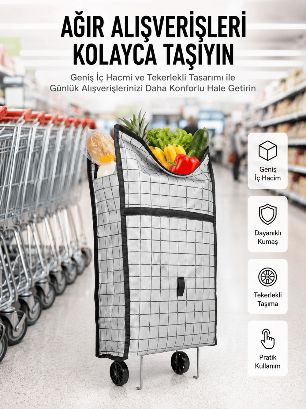 Geniş Hacimli Tekerlekli Pazar Çantası Dayanıklı ve Ergonomik