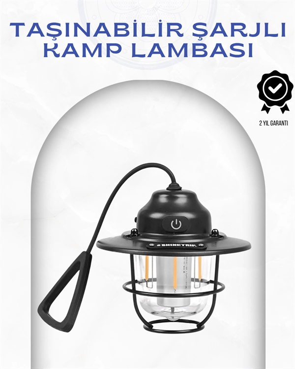 Geometrik Tasarımlı Vintage Kamp Lambası – Type-C Şarj, Ayarlanabilir Parlaklık