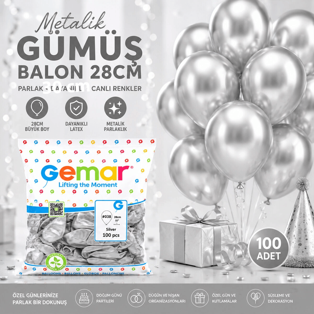 Gm-110-38 Metalik - Gümüş Balon 11'' - 28cm - 100 Parça Bx40