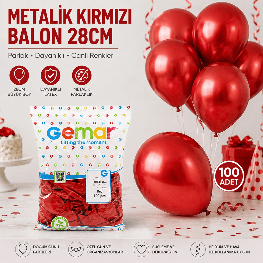 Gm-110-53 Metalik - Kırmızı Balon 11'' - 28cm - 100 Parça Bx40