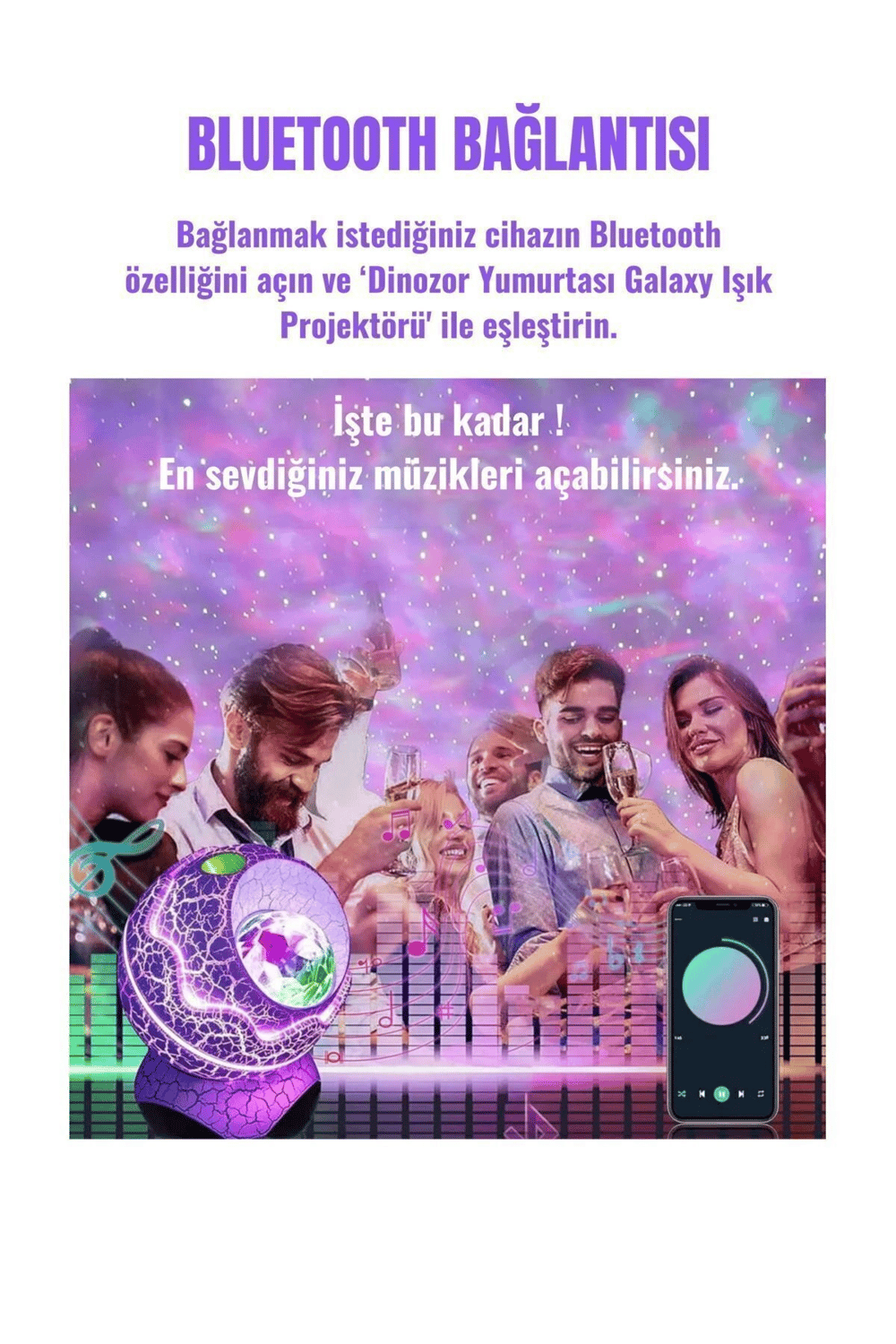 Gökyüzü Projeksiyonlu, Bluetooth Hoparlör Özellikli Dinozor Yumurtası Tasarımlı Gece Lambası