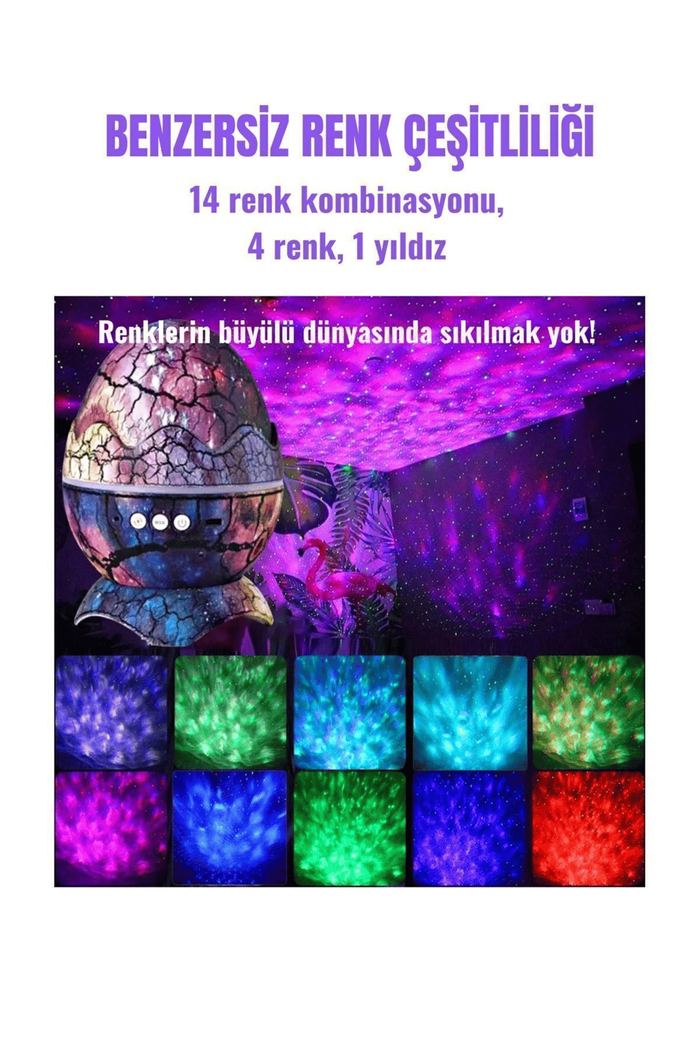 Gökyüzü Projeksiyonlu, Bluetooth Hoparlör Özellikli Dinozor Yumurtası Tasarımlı Gece Lambası