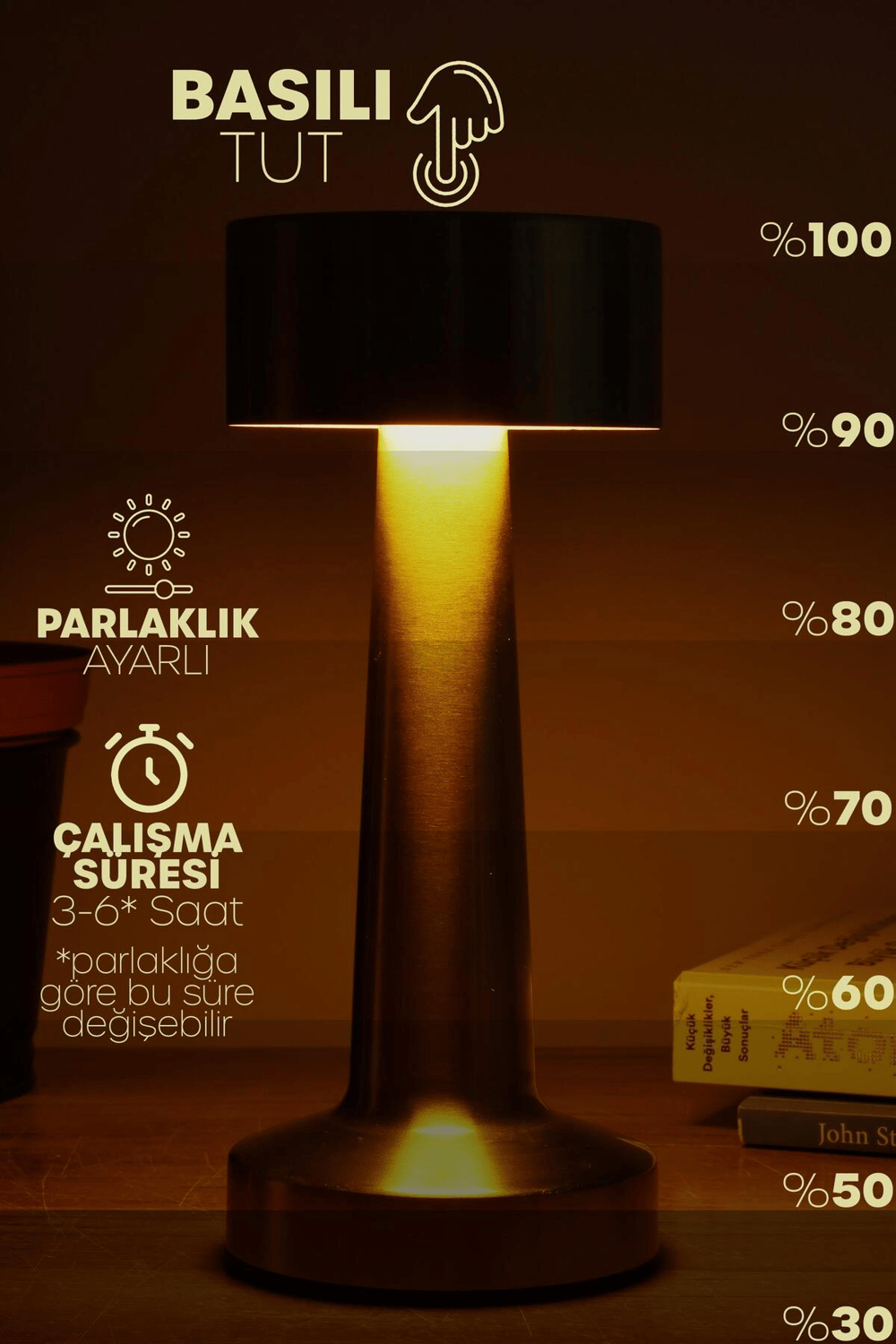 Gold Metal Dokunmatik Şarjlı Masa Lambası 3 Işık Parlaklık Ayarlı Gece Abajuru LED