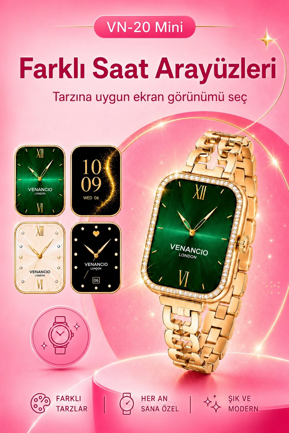 Gold Renk Tasarımlı Akıllı Saat Çoklu Kordonlu Dokunmatik Ekran Günlük Kullanım