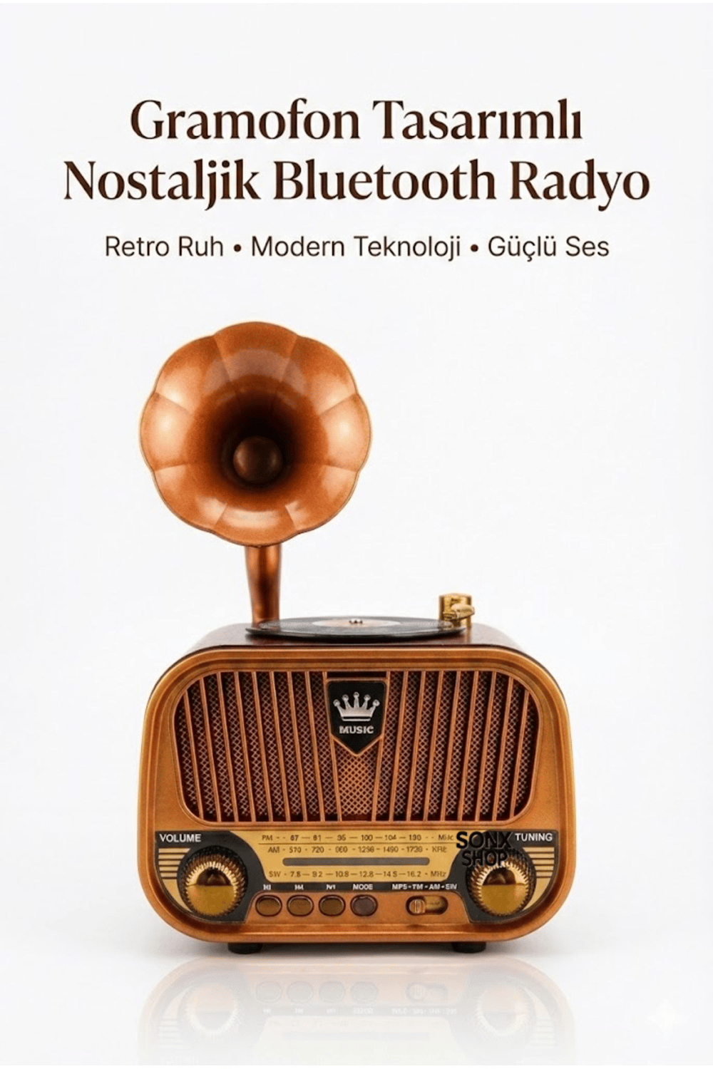 Gramofon Tasarımlı Nostaljik Bluetooth Radyo Hoparlör Müzik Çalar