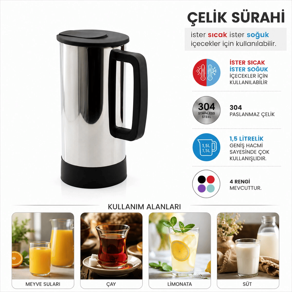 Gri - Paslanmaz Çelik Sıcak - Soğuk Çelik Sürahi Bx40