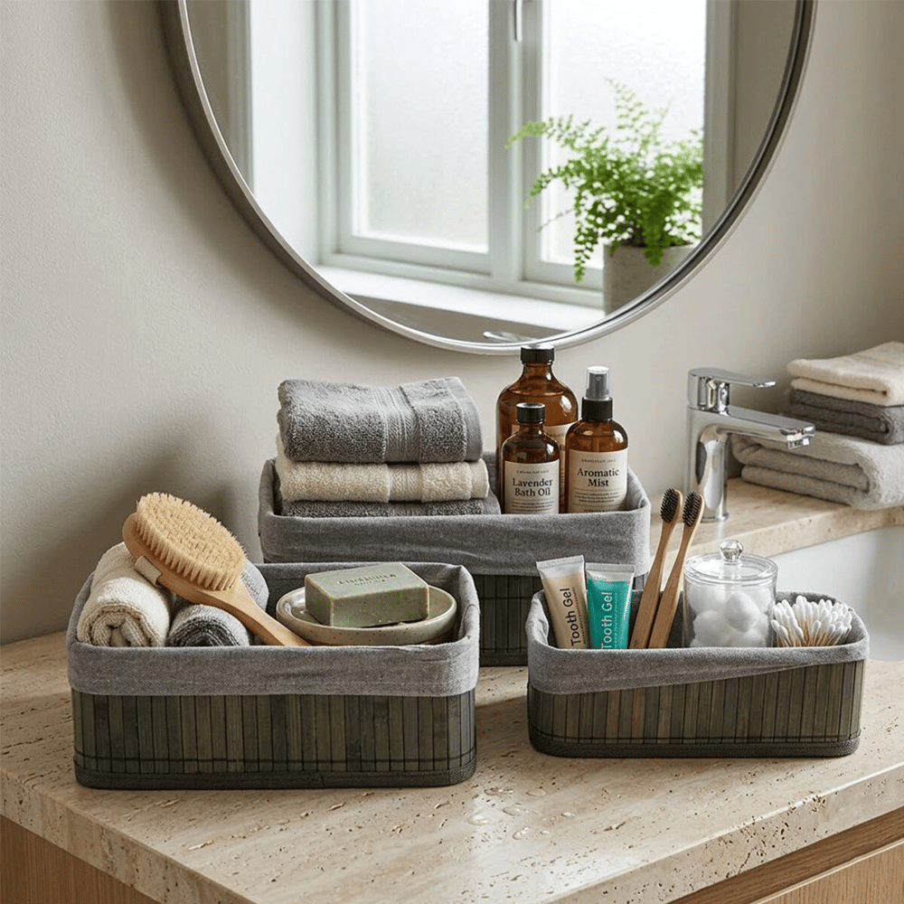 Gri 3 Boy D.dörtgen Bambu Kenar Organizer Sepet Ahşap Altlık - Bezli 25x14-28x18-20x30cm Bx40