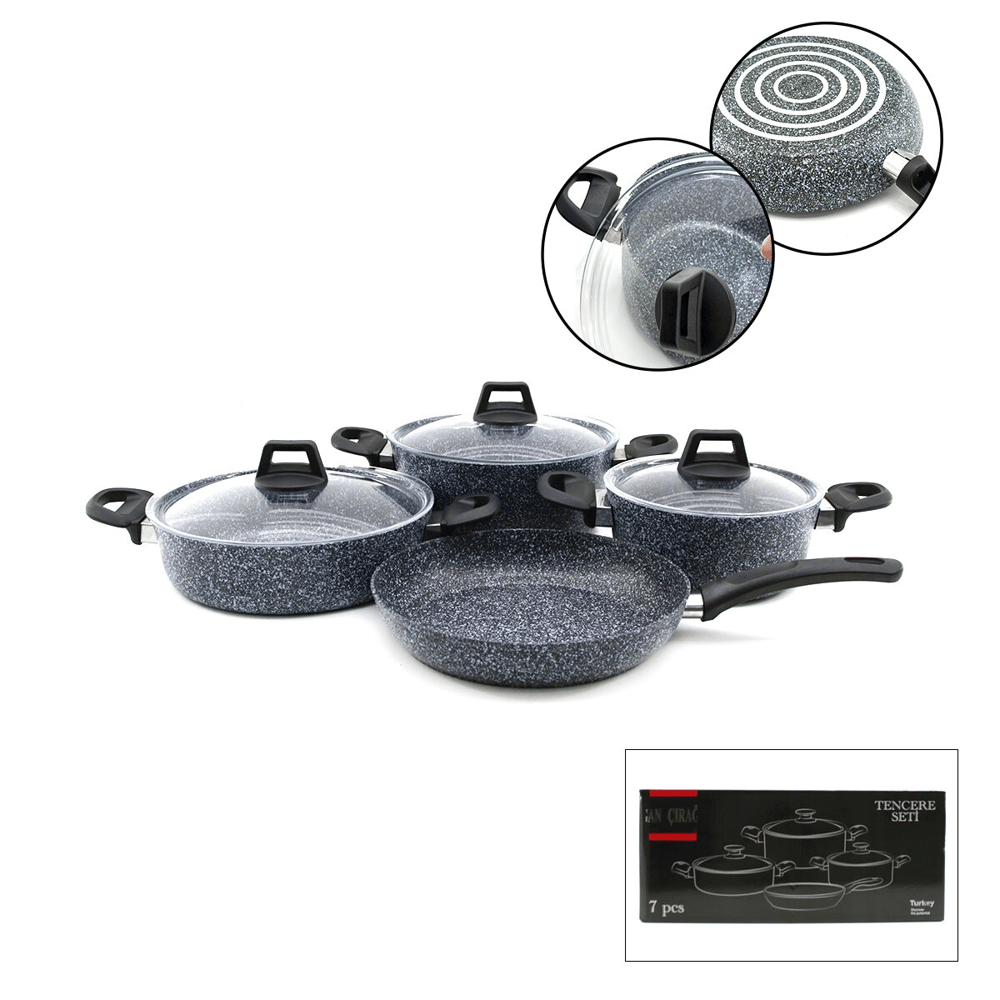 Gri 7 Parça Granit Tencere - Tava Seti 20-24cm Derin - 27cm Basık Cam Kapak Tencere - 26cm Tava Bx40