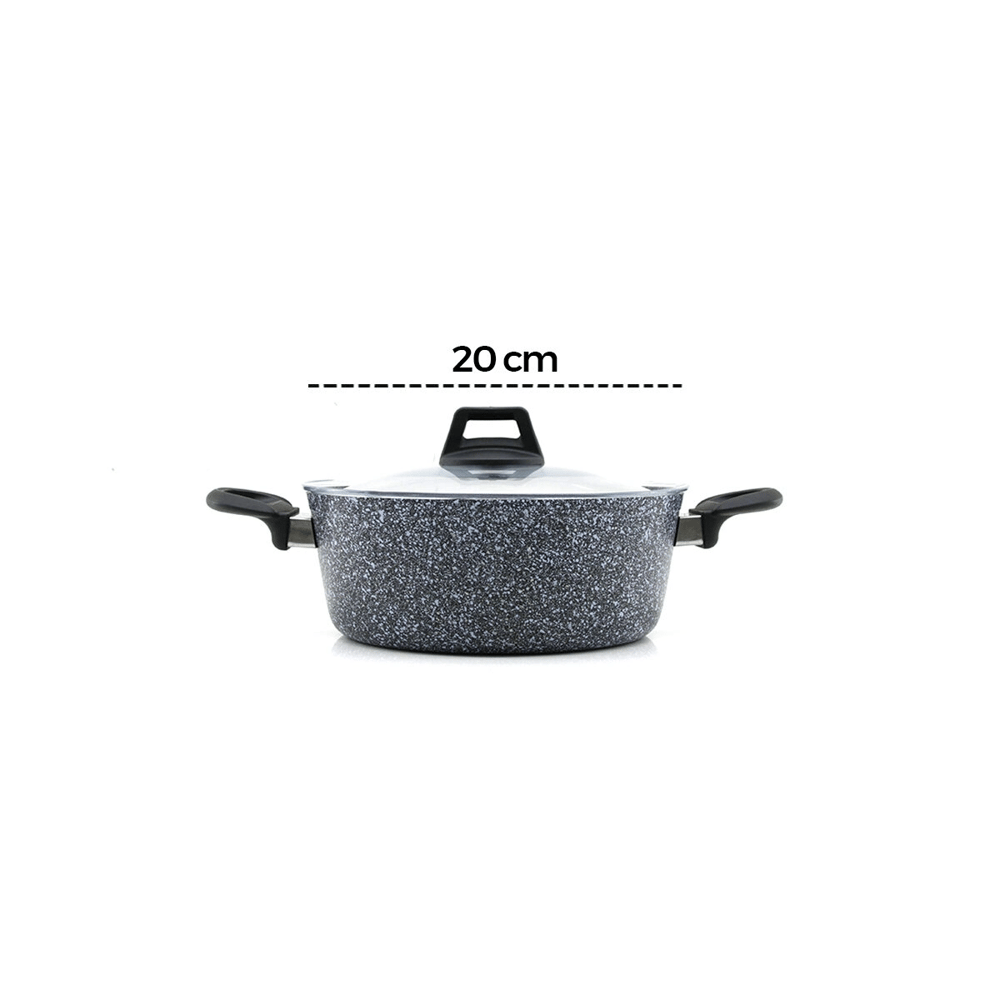 Gri 7 Parça Granit Tencere - Tava Seti 20-24cm Derin - 27cm Basık Cam Kapak Tencere - 26cm Tava Bx40