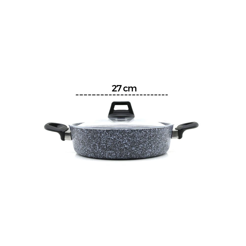 Gri 7 Parça Granit Tencere - Tava Seti 20-24cm Derin - 27cm Basık Cam Kapak Tencere - 26cm Tava Bx40