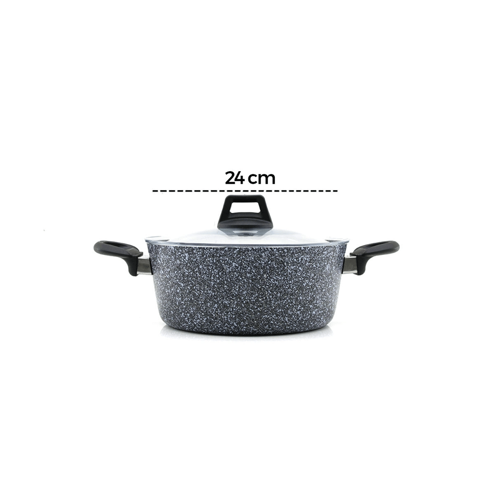 Gri 7 Parça Granit Tencere - Tava Seti 20-24cm Derin - 27cm Basık Cam Kapak Tencere - 26cm Tava Bx40