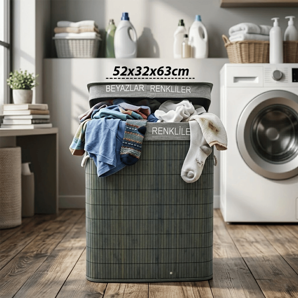 Gri Dikdörtgen 2 Bölmeli 52x32cm Y:63cm Bambu Ahşap Kirli Çamaşır Sepeti Kumaş Çantalı İp Kulp Bx40