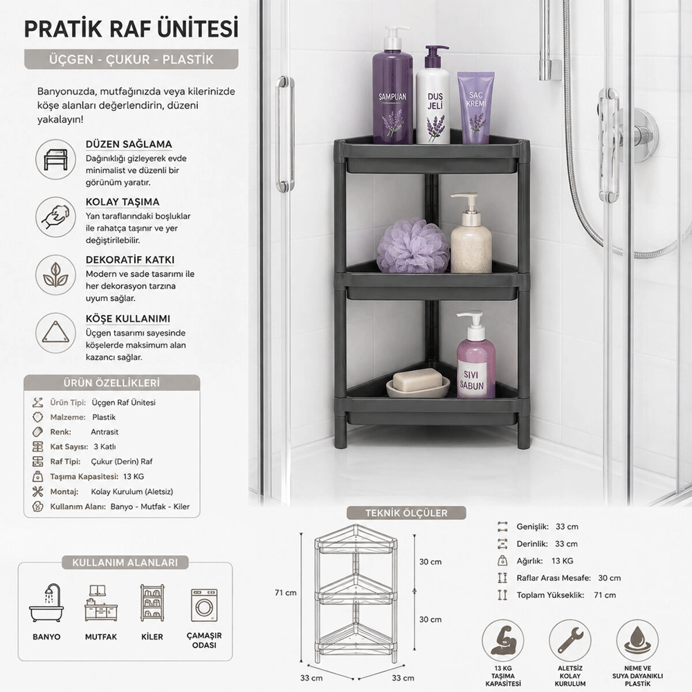Gri Üçgen Çukur Pratik Raf Ünitesi Plastik Bx40