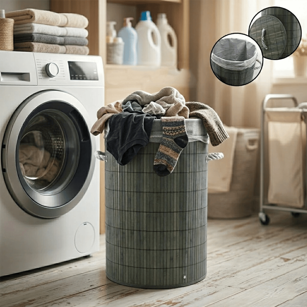 Gri Yuvarlak 35x50cm Bambu Ahşap Kirli Çamaşır Sepeti Seyyar Kapaklı Kumaş Çantalı İp Kulplu Bx40