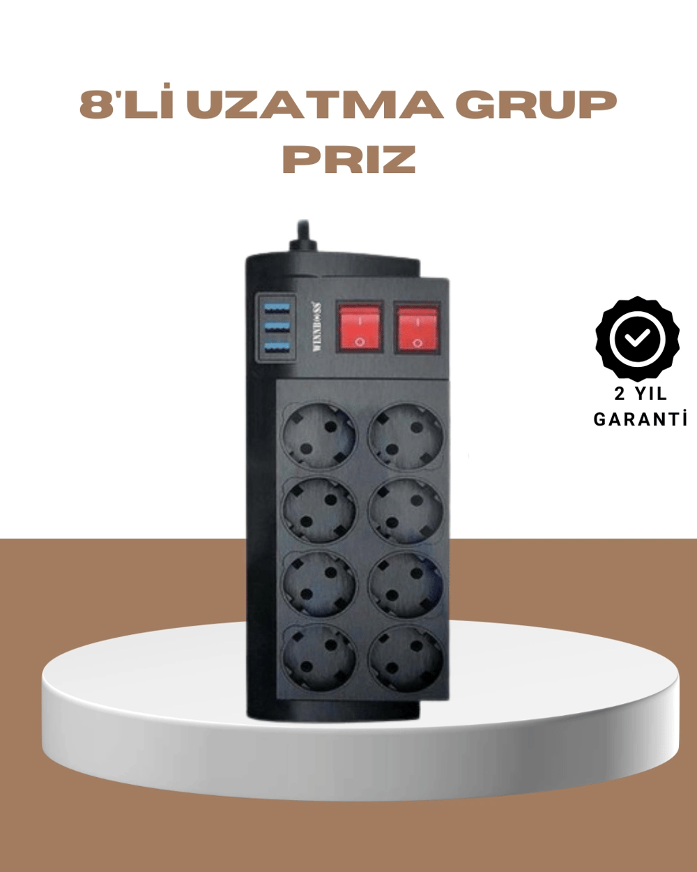 Güçlü Termal Korumalı 8 Priz + 3 USB Çoklu Uzatma Kablosu 2m