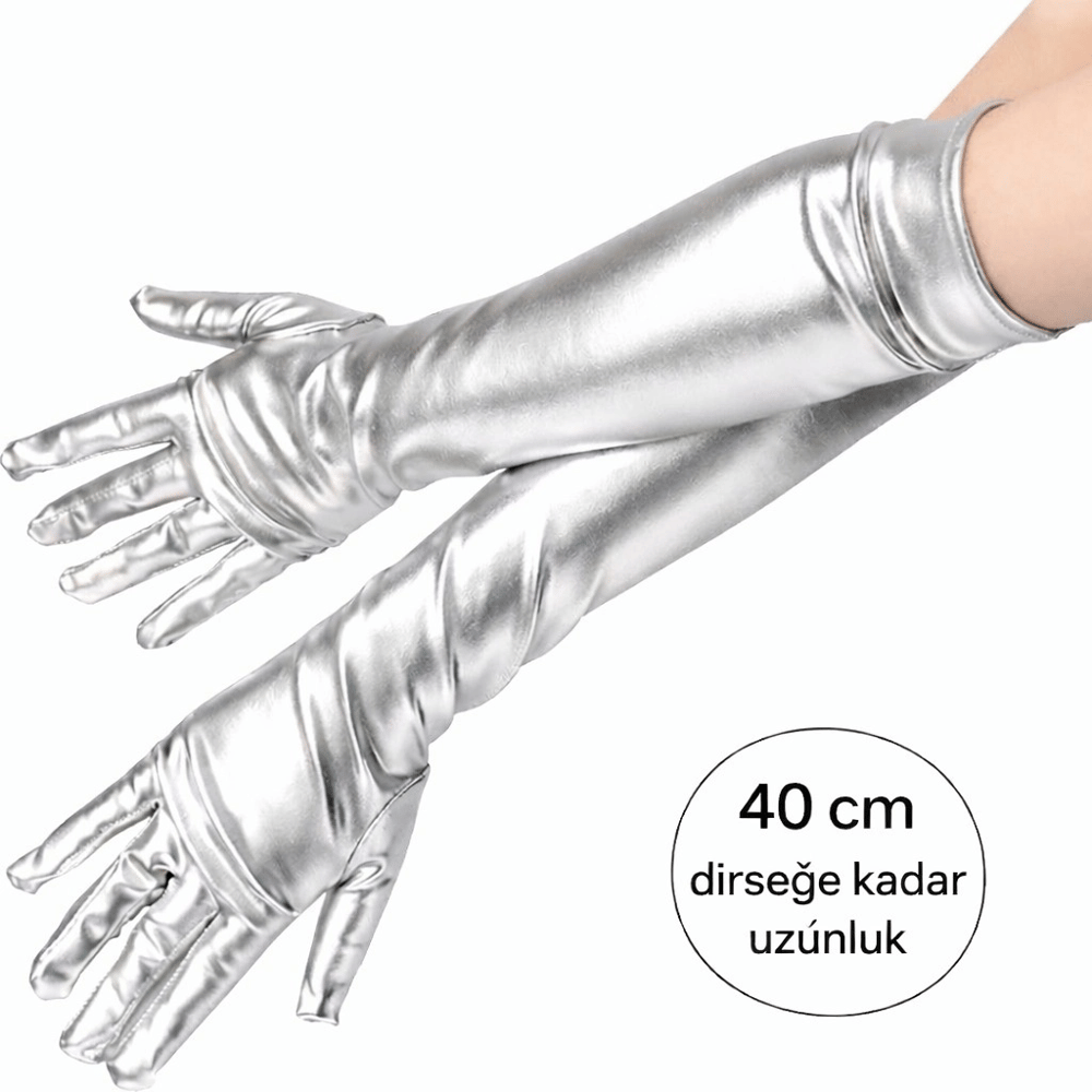 Gümüş Renk Dirsek Altı Lüks Saten Eldiven 40 cm