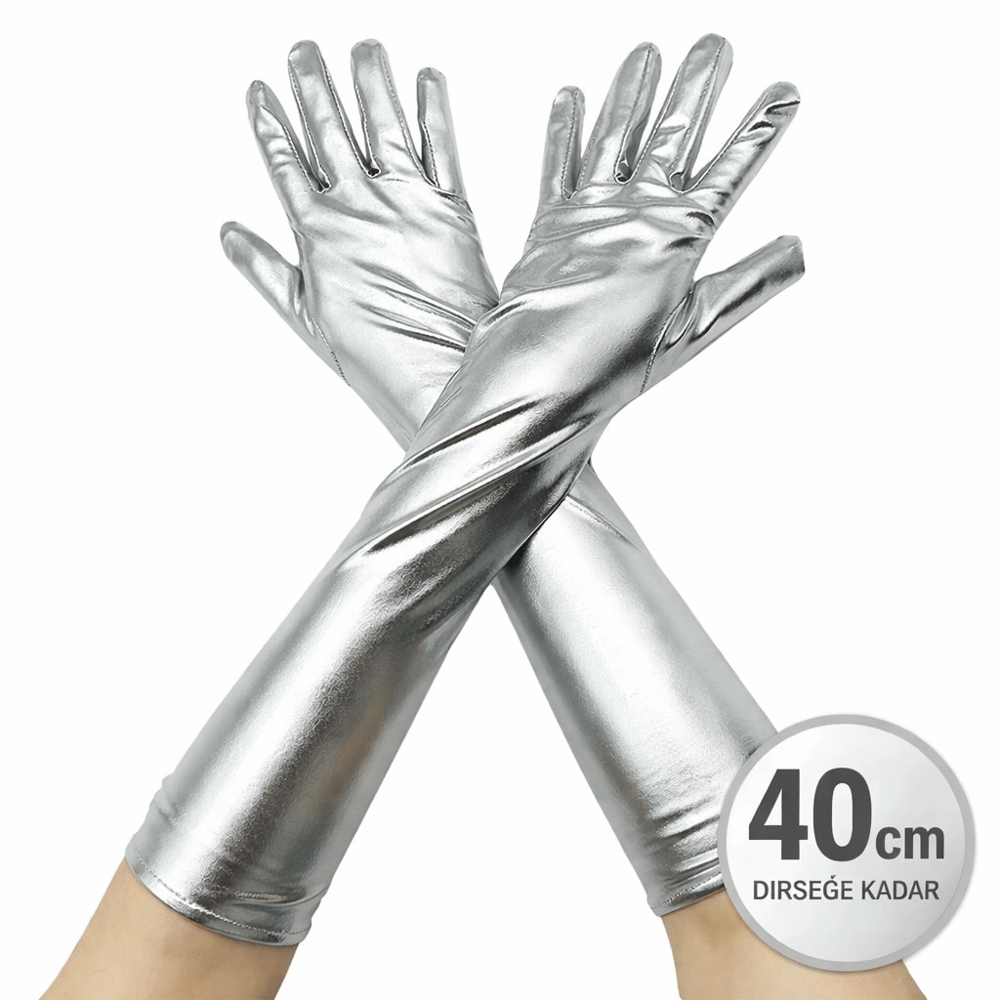 Gümüş Renk Dirsek Altı Lüks Saten Eldiven 40 Cm Bx40