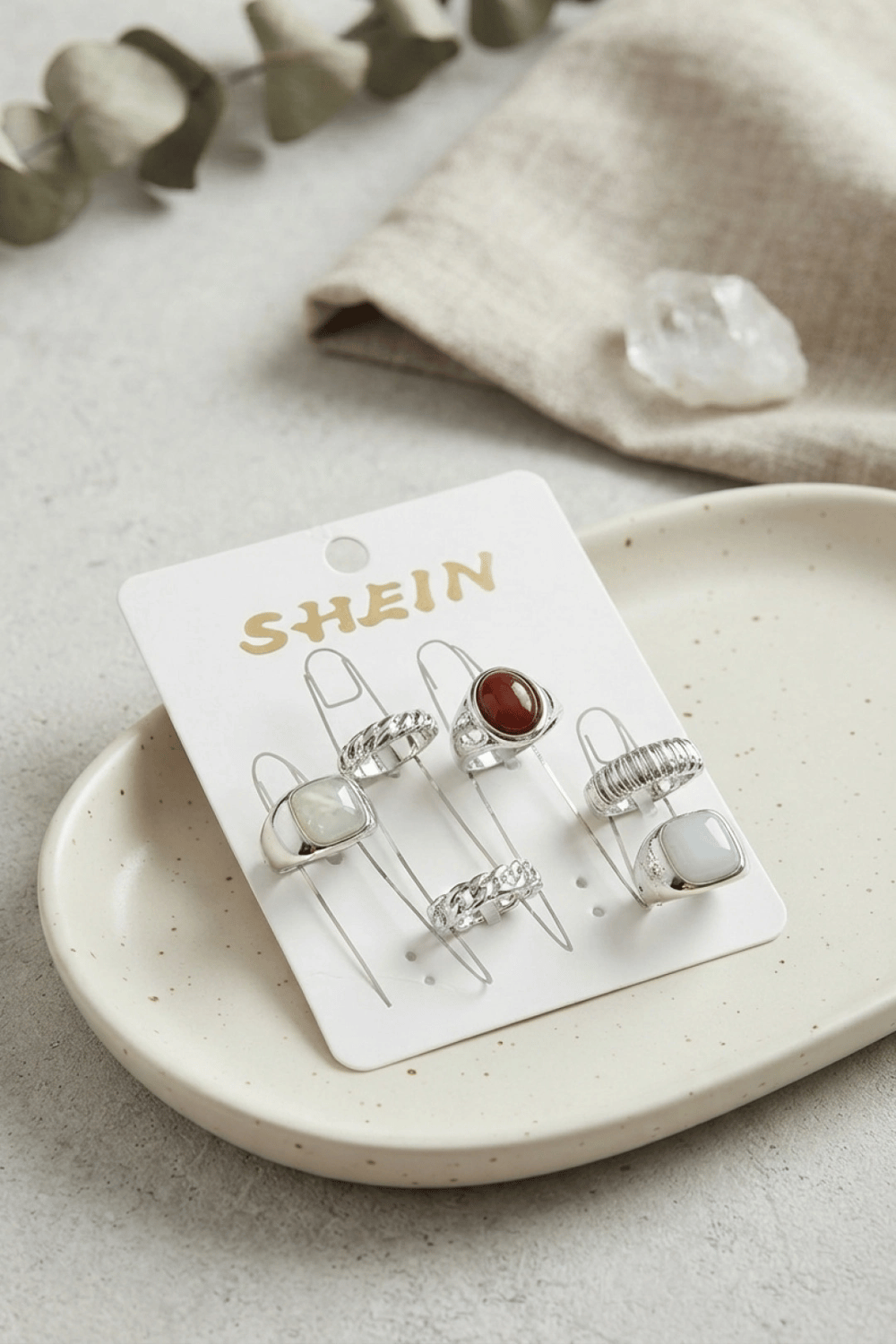 Gümüş Renk Pirinç Taş Detaylı Bohem Yüzük Kombini BYK4279
