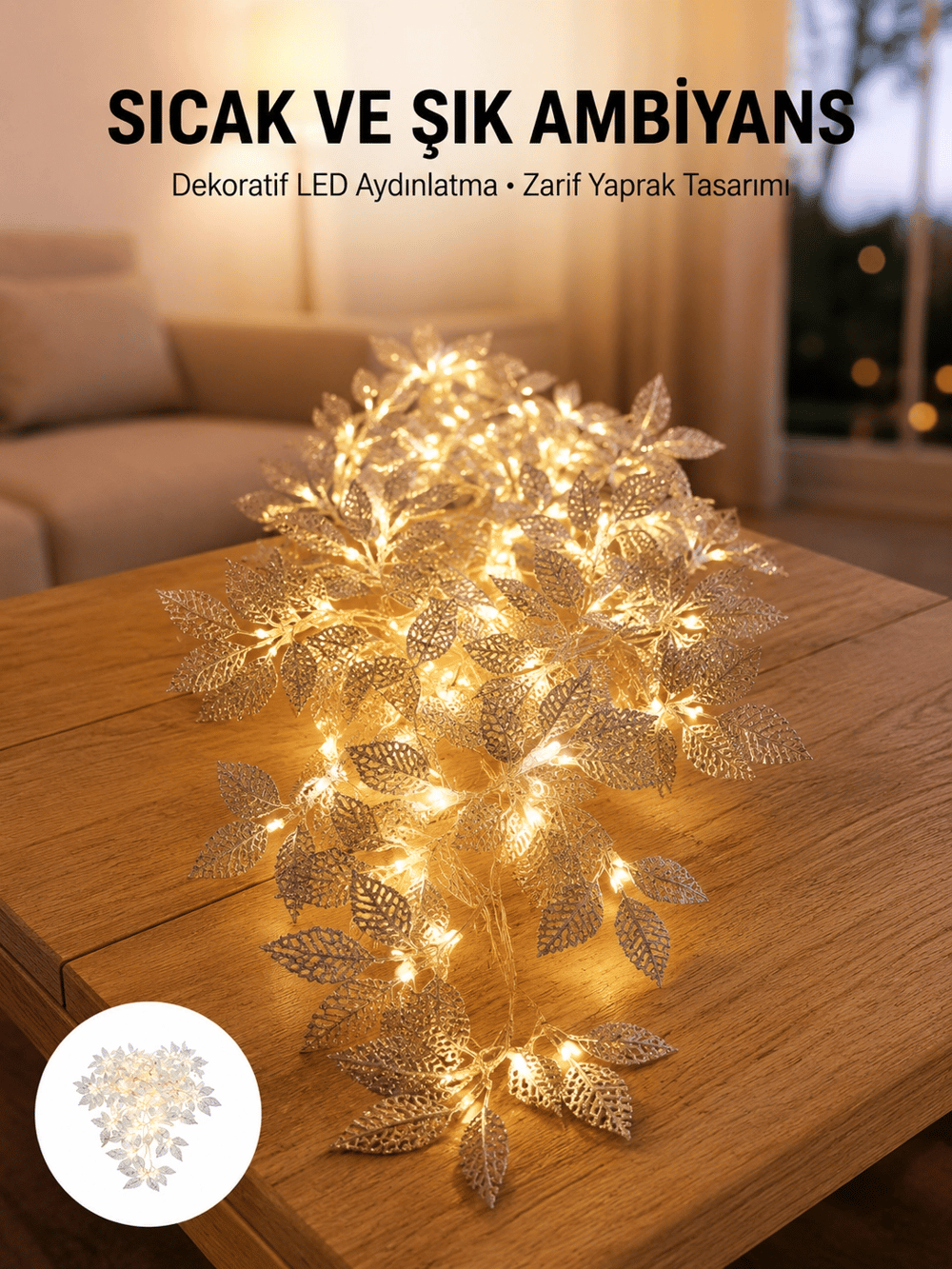 Gümüş Yaprak Tasarımlı LED Işık Pilli Ev ve Vitrin Dekoru