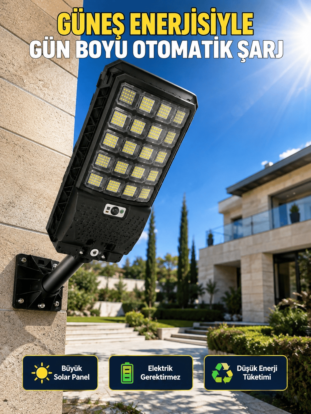Güneş Enerjili Hareket Sensörlü LED Sokak Lambası Uzaktan Kumandalı Dış Mekan Aydınlatma