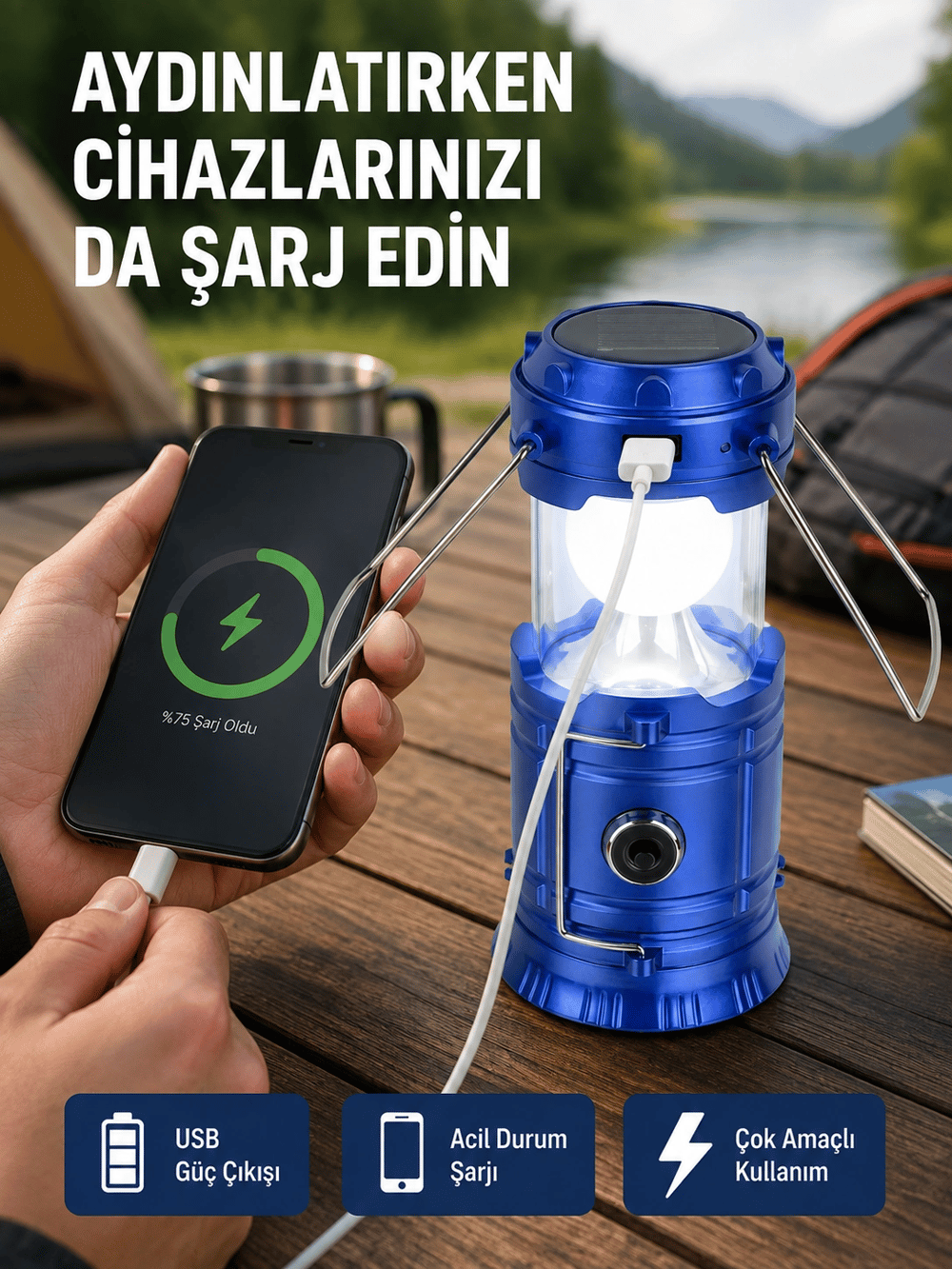 Güneş Enerjili Katlanabilir Kamp Feneri – USB Şarjlı, Hafif ve Çok Fonksiyonlu