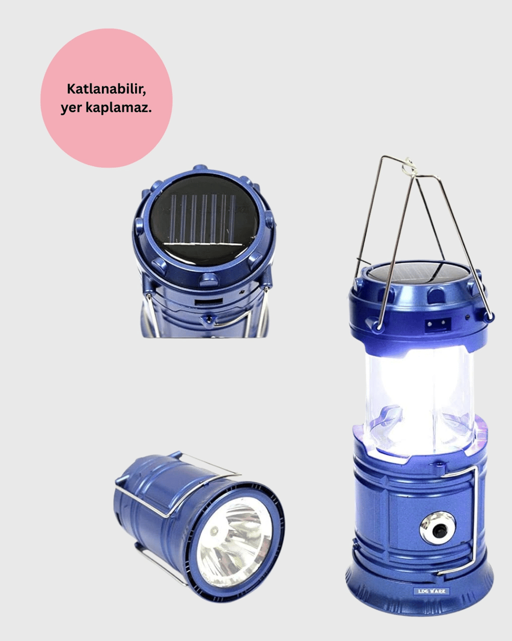 Güneş Enerjili Kızaklı Şarjlı Büyük Boy Kamp Feneri – USB Çıkışlı, Katlanabilir, Çok Fonksiyonlu