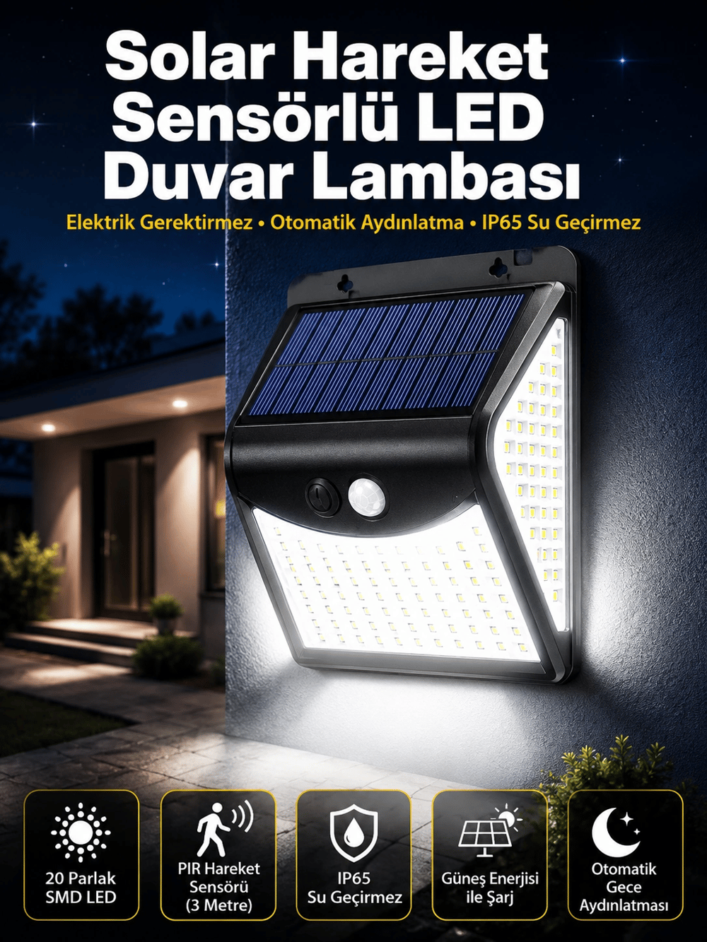 Güneş Enerjili Sensörlü Duvar Lambası Bahçe Lamba Suya Dayanıklı Bahçe Aydınlatma