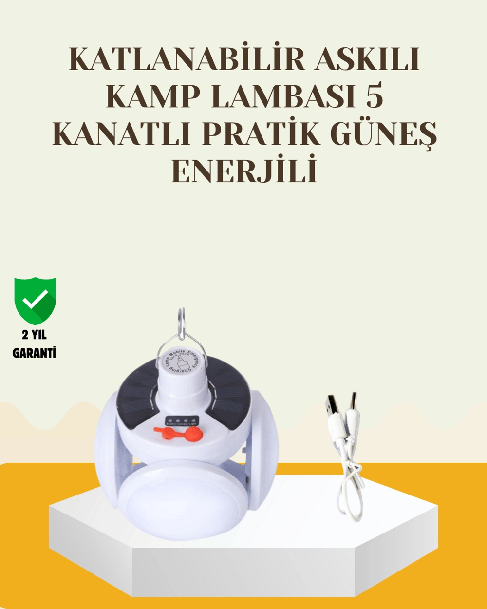 Güneş Paneliyle Şarj Olan Katlanabilir LED Çadır Lambası – 5 Kademeli Aydınlatma