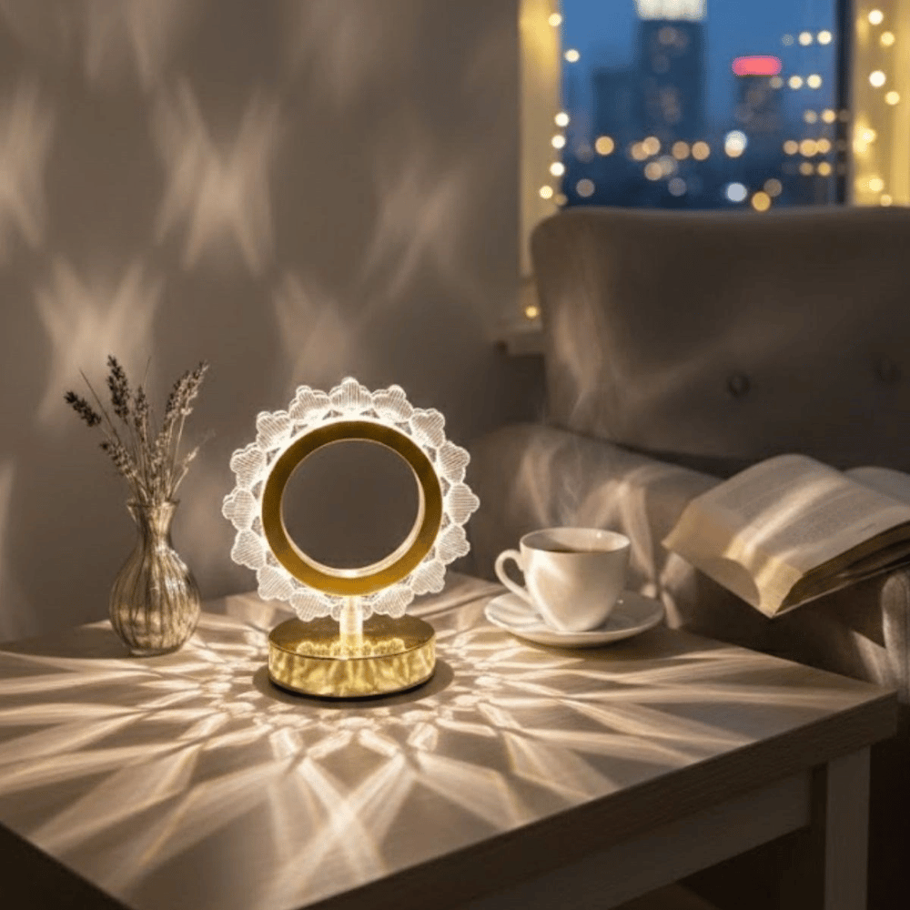 Güneş Şeklinde Kristal Led Masa Lambası – Dokunmatik, 3 Renk Işık Modlu, Şarjlı Mini Dekoratif Gece Lambası Bx40