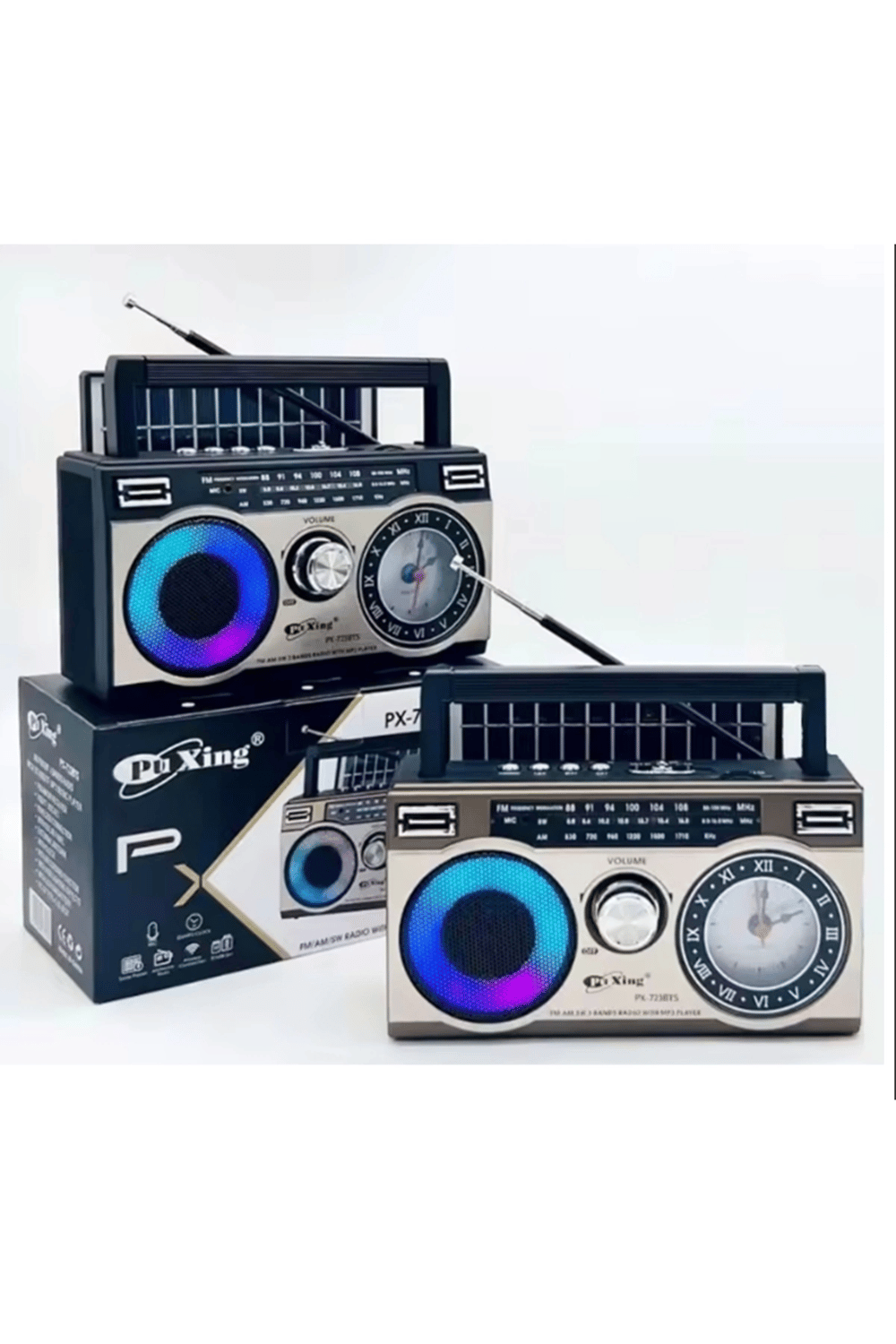 Güneş panelli nostaljik radyo FM USB MP3 çalar Bluetooth hoparlör kahverengi 2 yıl garantili