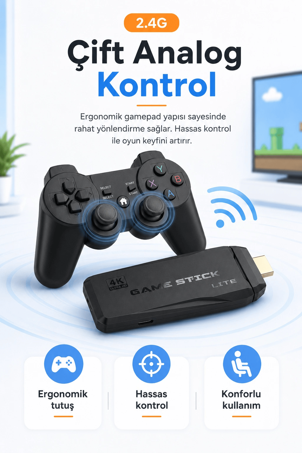 HDMI Girişli Kablosuz Retro Oyun Konsolu 2.4G Bağlantılı Çift Kollu Eğlence Seti