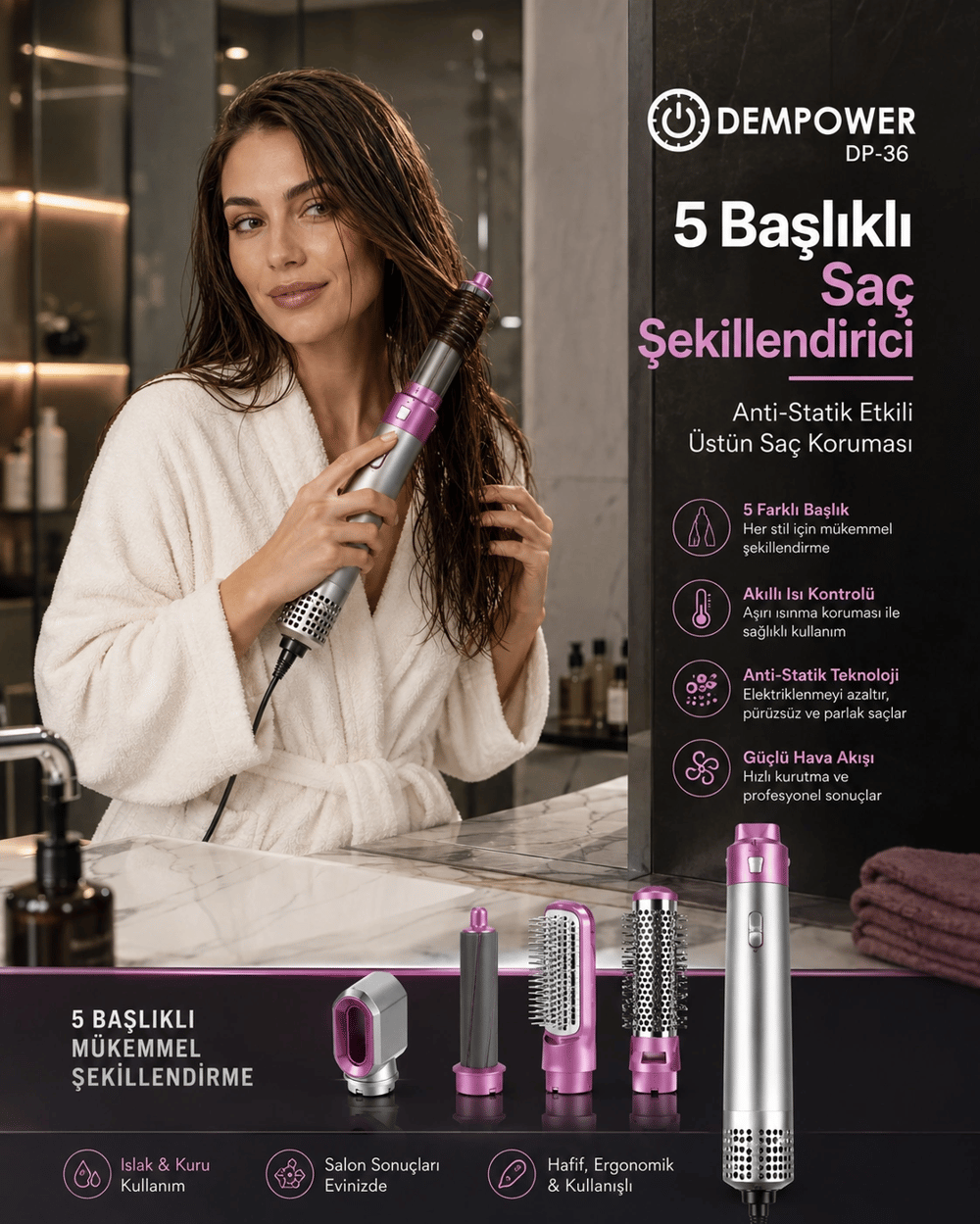 Hacimli Fön, Dalgalı Saç ve Bukle İçin 5 Başlıklı Çok Amaçlı Saç Şekillendirici