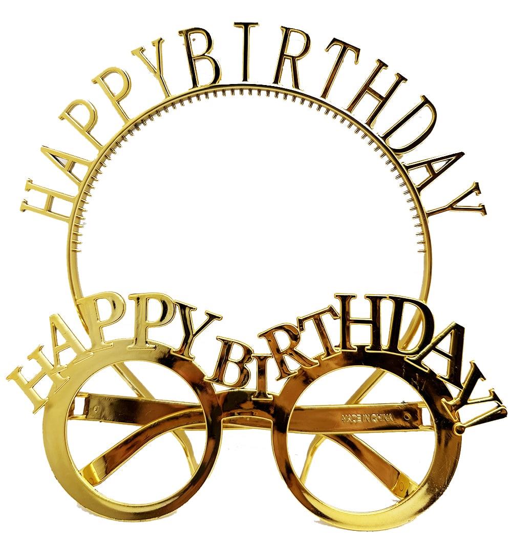 Happy Birthday Yazılı Taç ve Happy Birthday Yazılı Gözlük Seti Altın Renk (3936)
