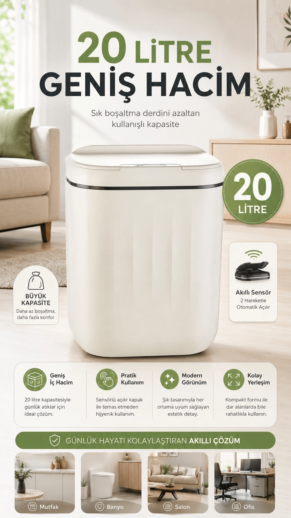 Hareket Sensörlü Büyük 20L Çöp Kovası UV Işıklı