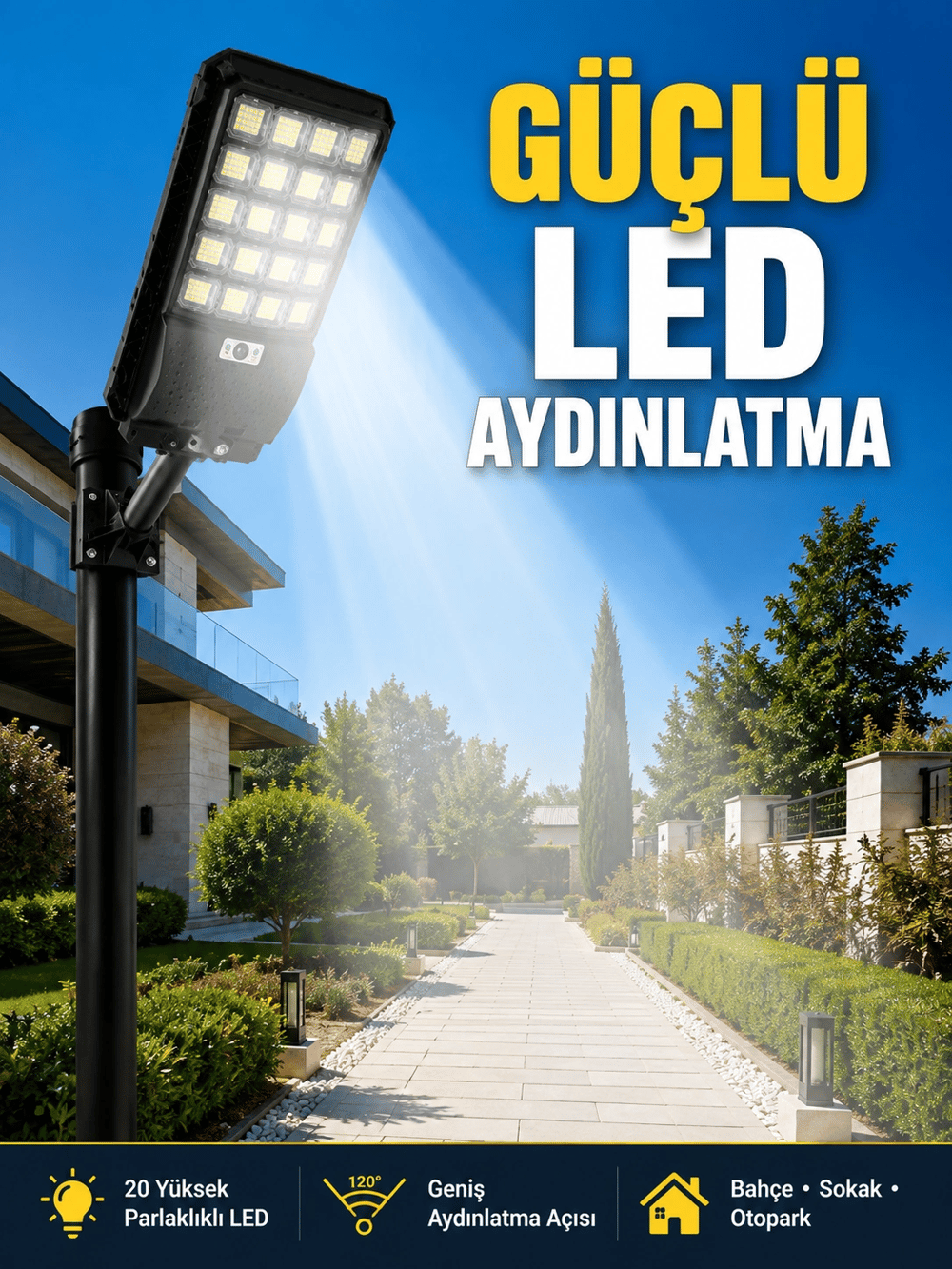 Hareket Sensörlü Solar LED Aydınlatma 3 Modlu Uzaktan Kumandalı Bahçe Lambası
