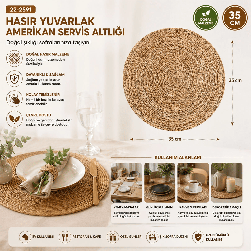 Hasır 31cm Yuvarlak Supla - Amerikan Servis Altı Bx40