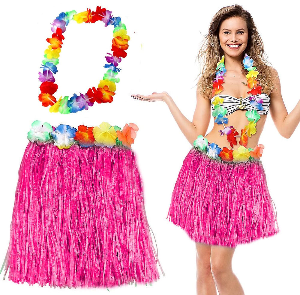 Hawaii Luau Aloha Pembe Püsküllü 40 cm Etek ve Hawaii Kolye Seti (3936)