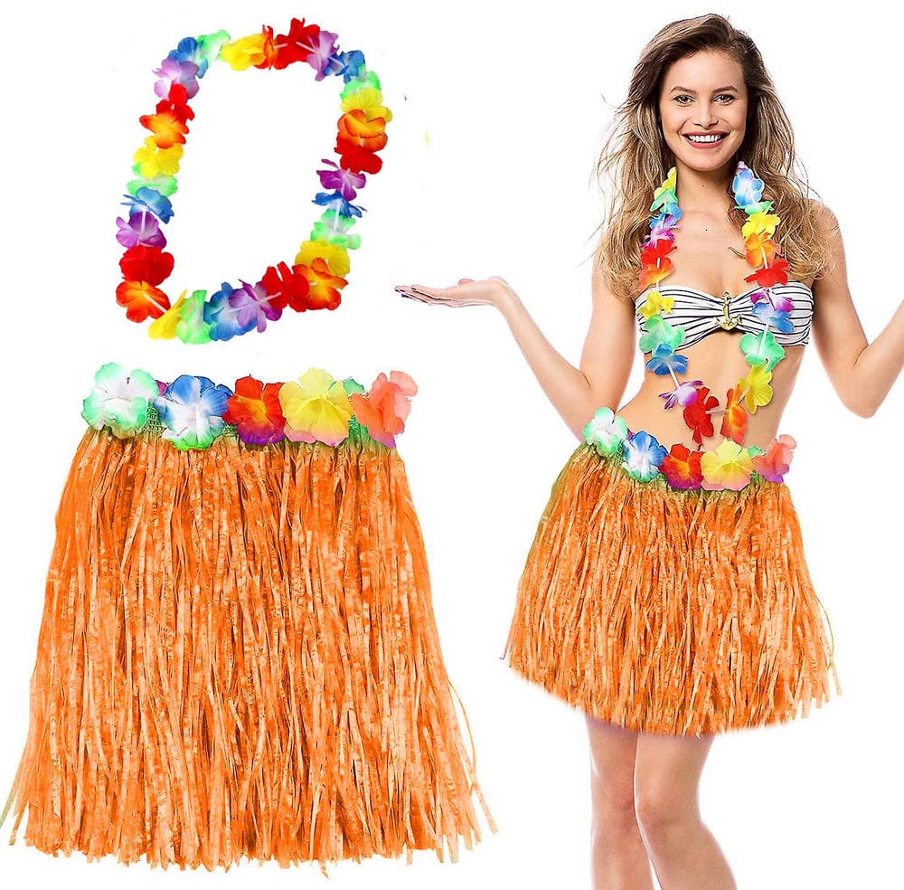 Hawaii Luau Aloha Turuncu Püsküllü 40 cm Etek ve Hawaii Kolye Seti (3936)