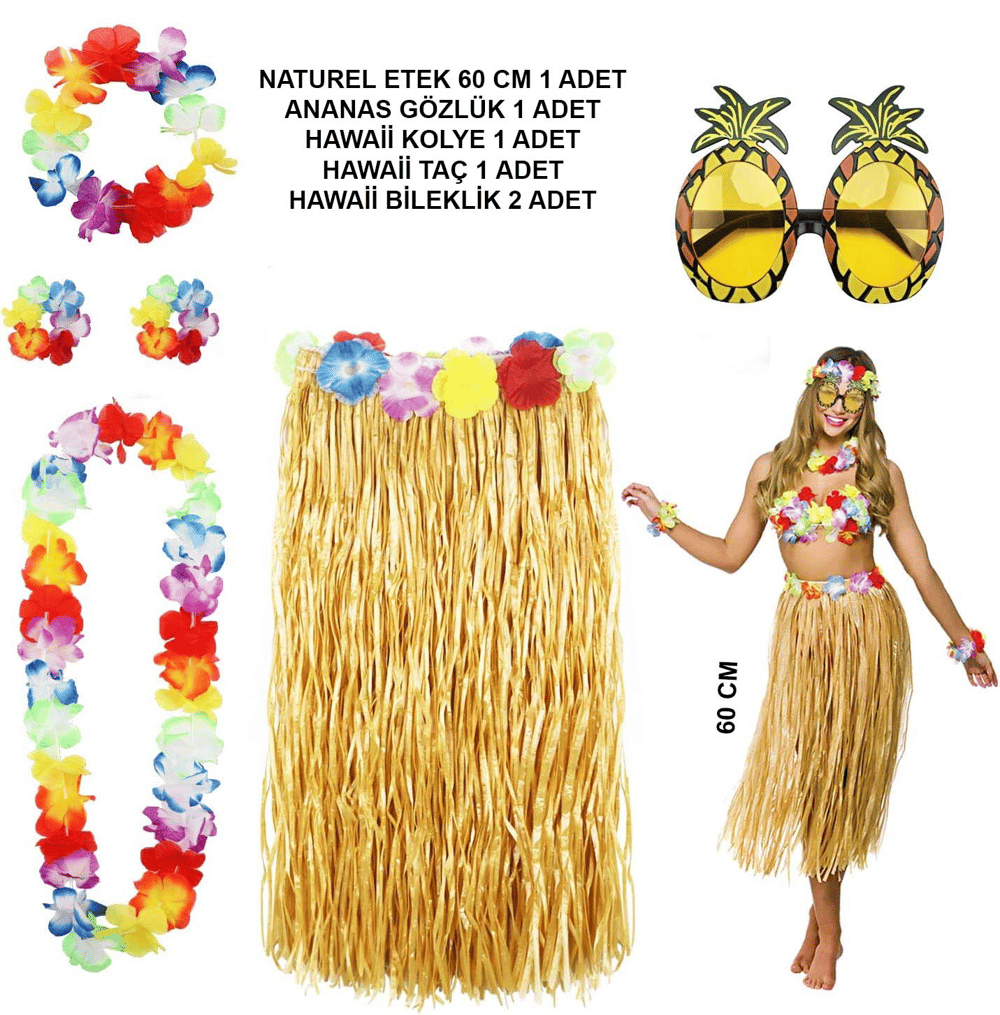 Hawaii Parti Kostüm Seti - 60 Cm Hasır Etek, Çiçekli Aksesuarlar Ve Ananas Gözlük Bx40