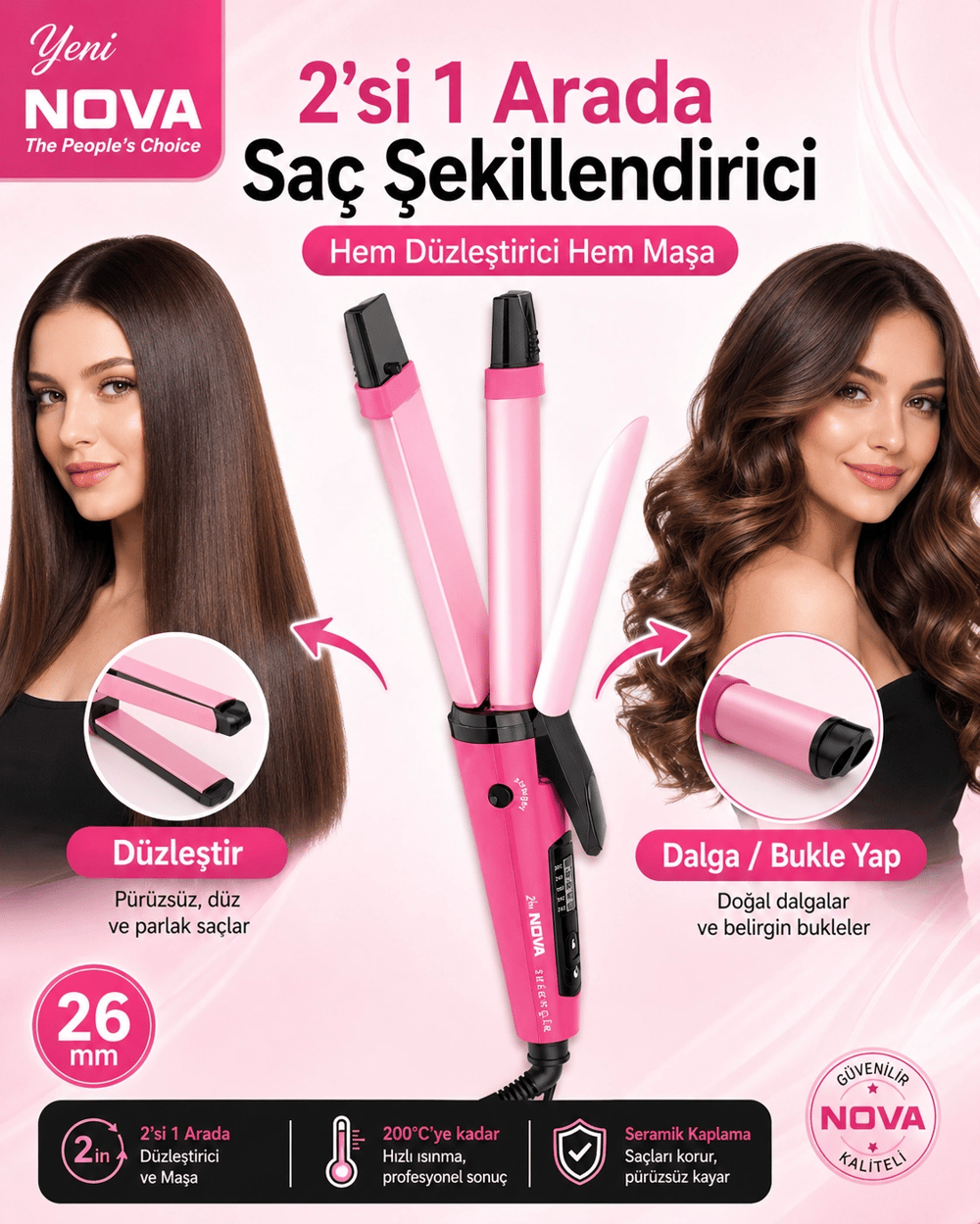 Hızlı Isınan Seramik Plakalı Saç Düzleştirici ve Dalgalı Şekil Veren Maşa